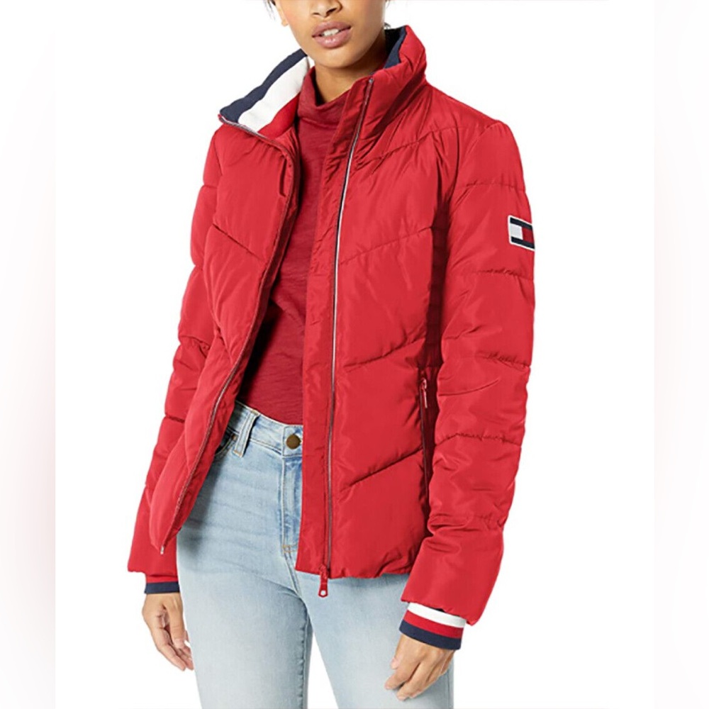 Tommy hilfiger women's short chevron quilted heritage puffer jacket
